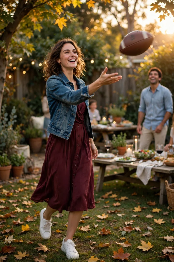 Turkey Day Outfit Ideas for a Festive Casual Look 10 Woman playing outside in a burgundy dress and denim jacket before dinner.