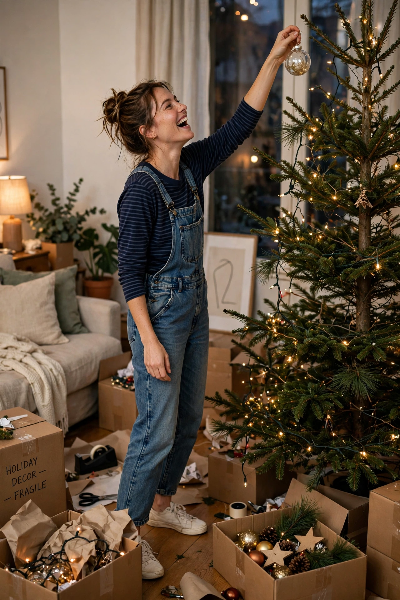 Woman in denim overalls decorating a Christmas tree in a cozy living room.