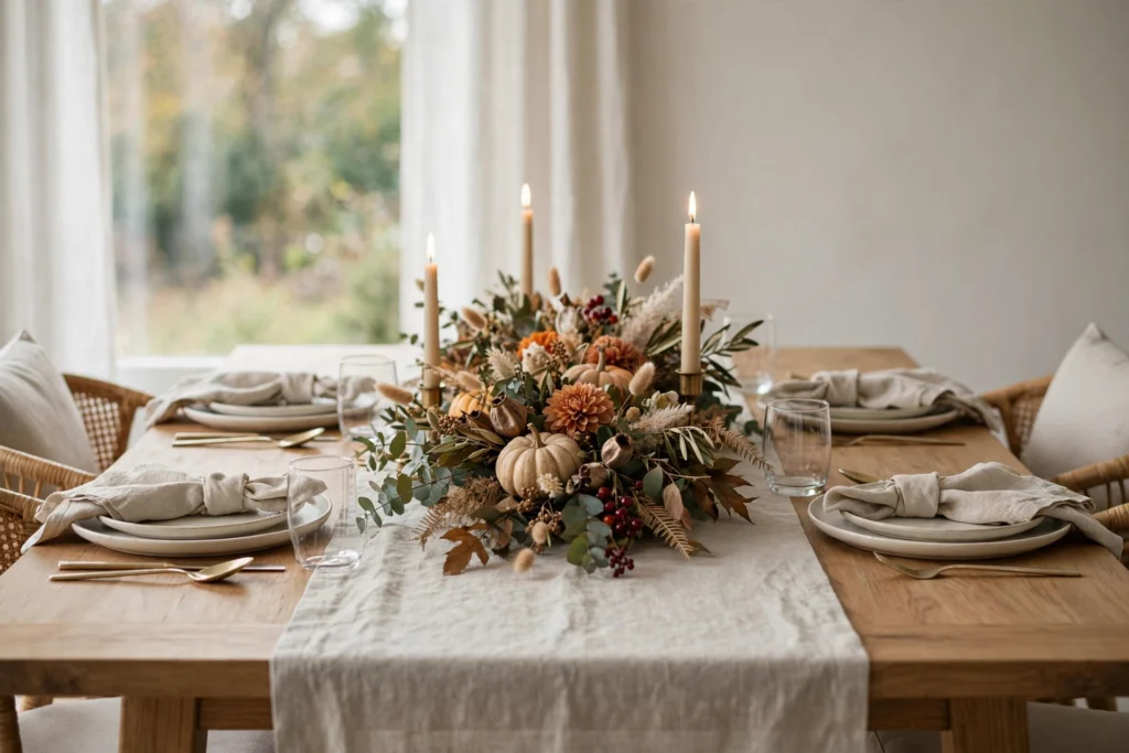 Thanksgiving dining table with a linen runner, low centerpiece, candles, and place settings.