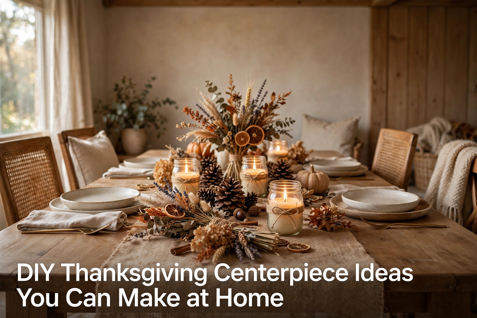 Thanksgiving table with handmade DIY centerpieces, mason jars, pinecones, and dried flowers.