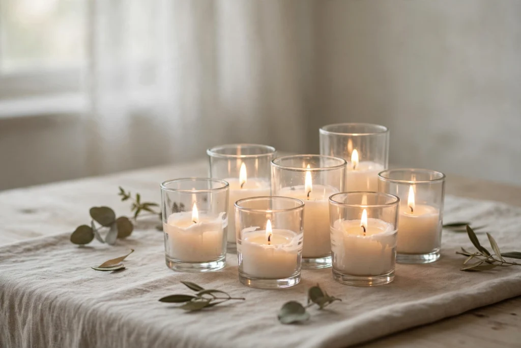 Budget Thanksgiving Tablescape Ideas That Still Look Elegant 5 Clustered glass votive holders glowing warmly on a budget holiday table.