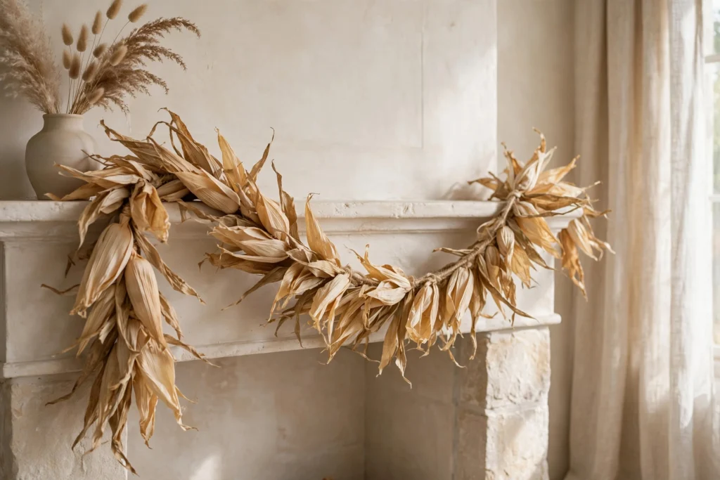 Rustic Thanksgiving Decor for a Warm Cozy Harvest Feel 9 Dried corn husk garland draped naturally on a rustic fireplace mantel.