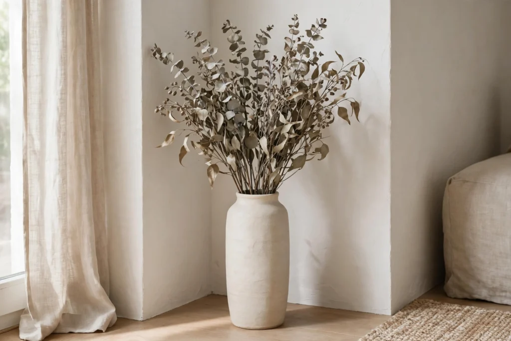 Turkey Day Decor Ideas for a Cozy Festive Home 14 Dried eucalyptus bundle in a tall vase brightening a living room corner.