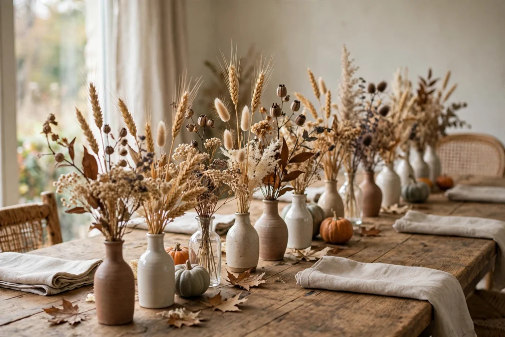 Cornucopia Decor Ideas for a Traditional Thanksgiving Table 22 Dried floral bud vases with wheat stems lined down a Thanksgiving table
