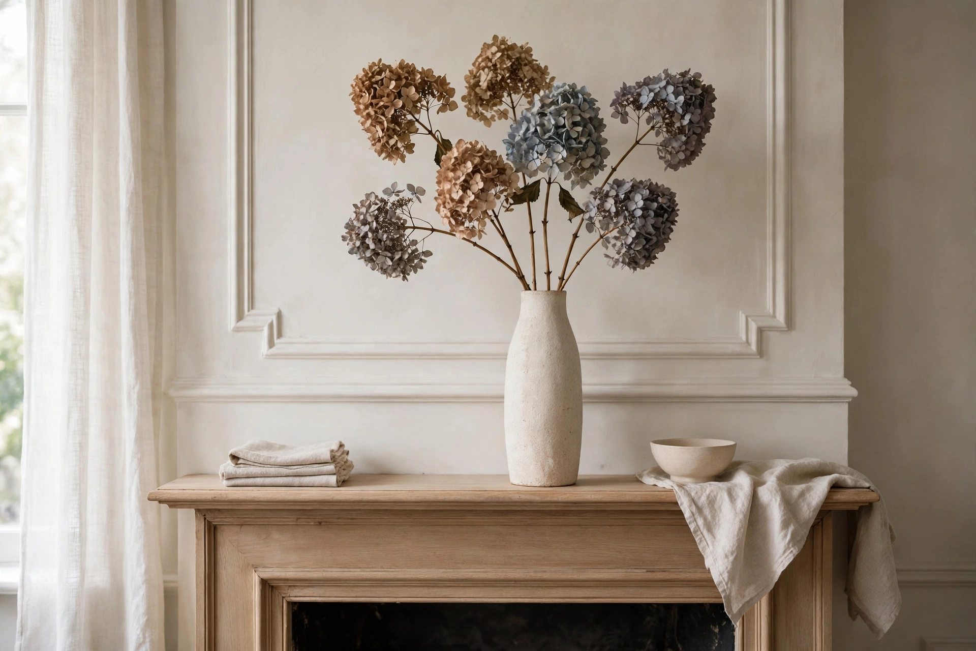 Dried hydrangea stems in a tall vase adding soft volume nearby.