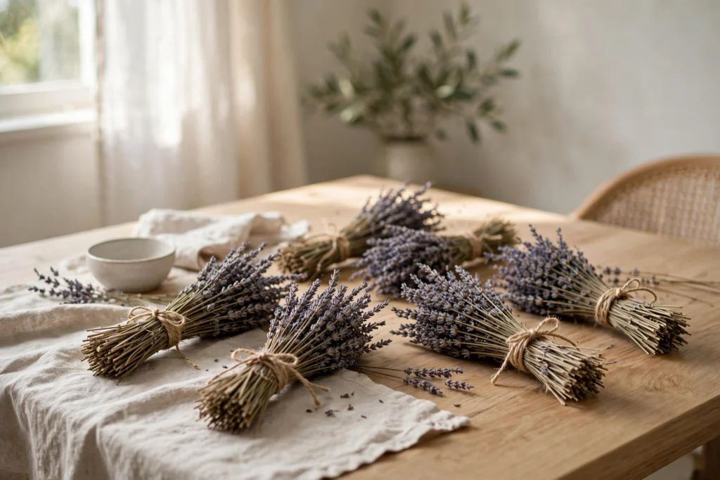 Rustic Thanksgiving Decor for a Warm Cozy Harvest Feel 17 Dried lavender bundles tied with twine adding scent to a table.