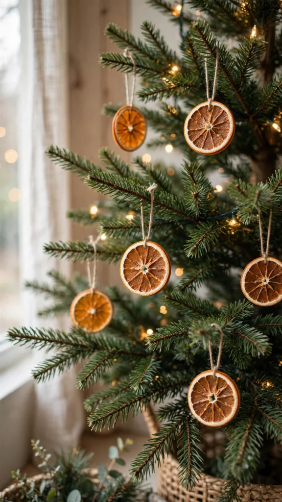 Christmas Tree Decorating Ideas for a Magical Holiday Look 9 Dried orange slice ornaments glowing amber on a Christmas tree near warm lights