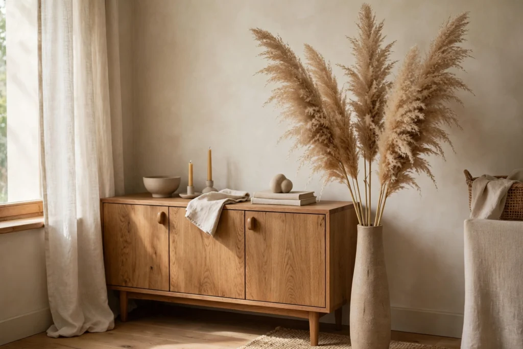 Friendsgiving Decor Ideas for a Fun Festive Party 6 Dried pampas grass arrangement in a tall floor vase beside a wooden sideboard.