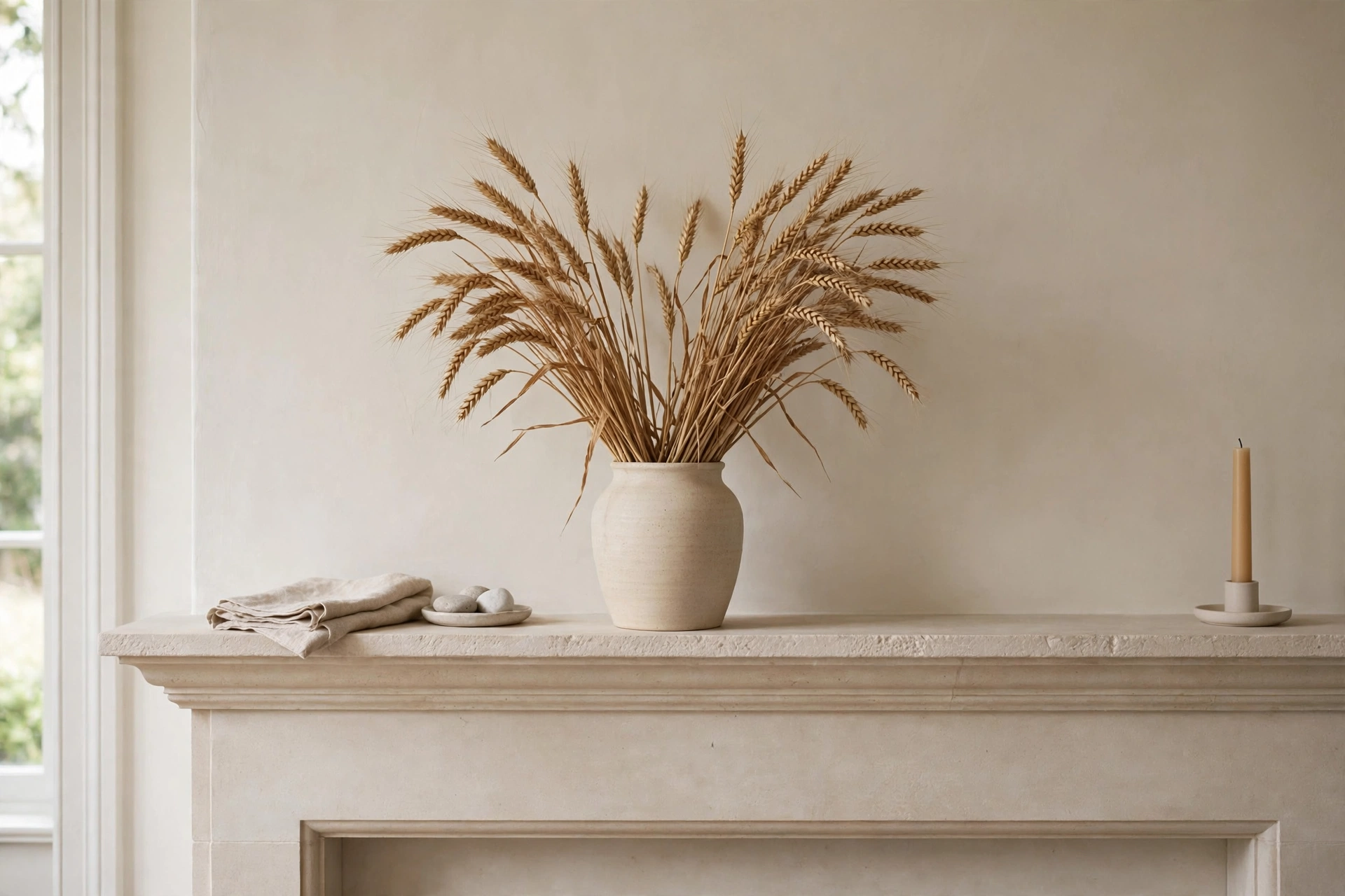 Dried wheat arrangement adding golden height to a fireplace mantel.