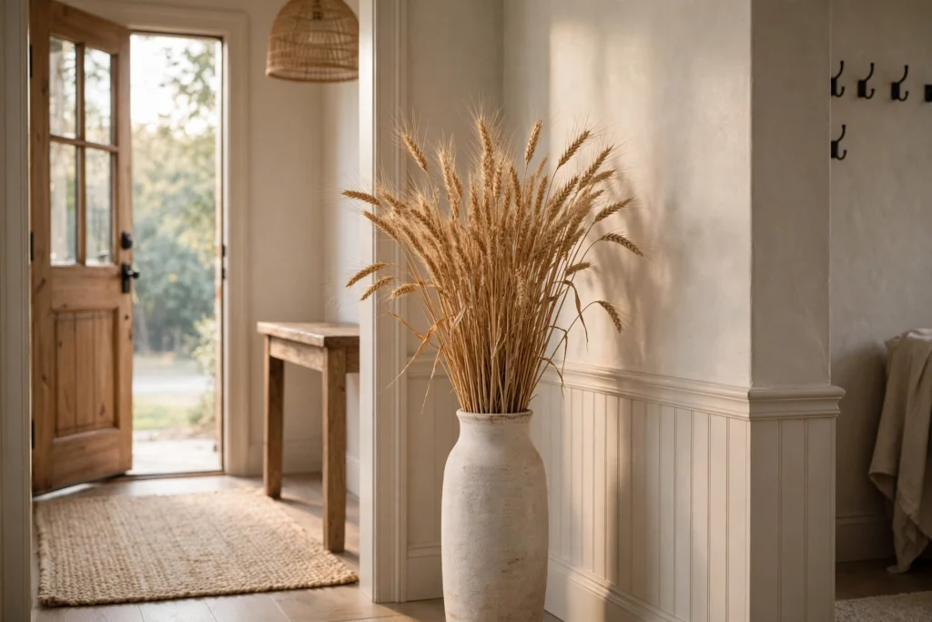 Friendsgiving Decor Ideas for a Fun Festive Party 14 Dried wheat bundle standing in a tall vase by a sunlit entryway wall.