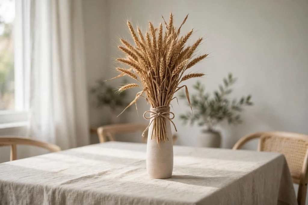 Dried wheat bundle in a tall vase as a Thanksgiving table accent.