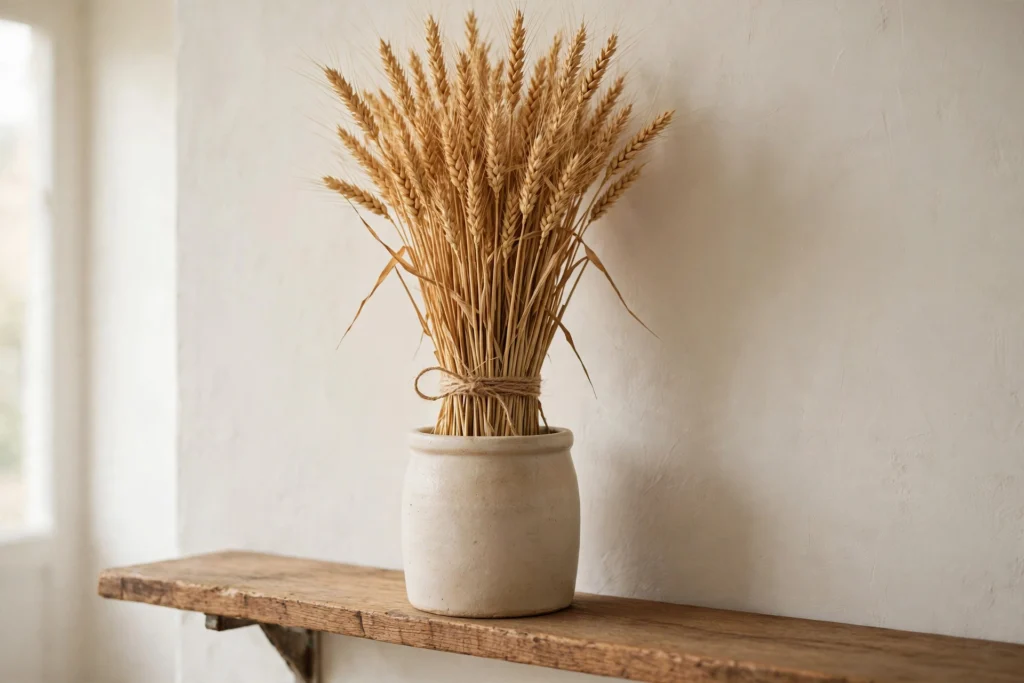 Gratitude and Thankful Themed Decor for Your Thanksgiving Home 3 Dried wheat sheaf bundle in a ceramic crock on a wooden shelf