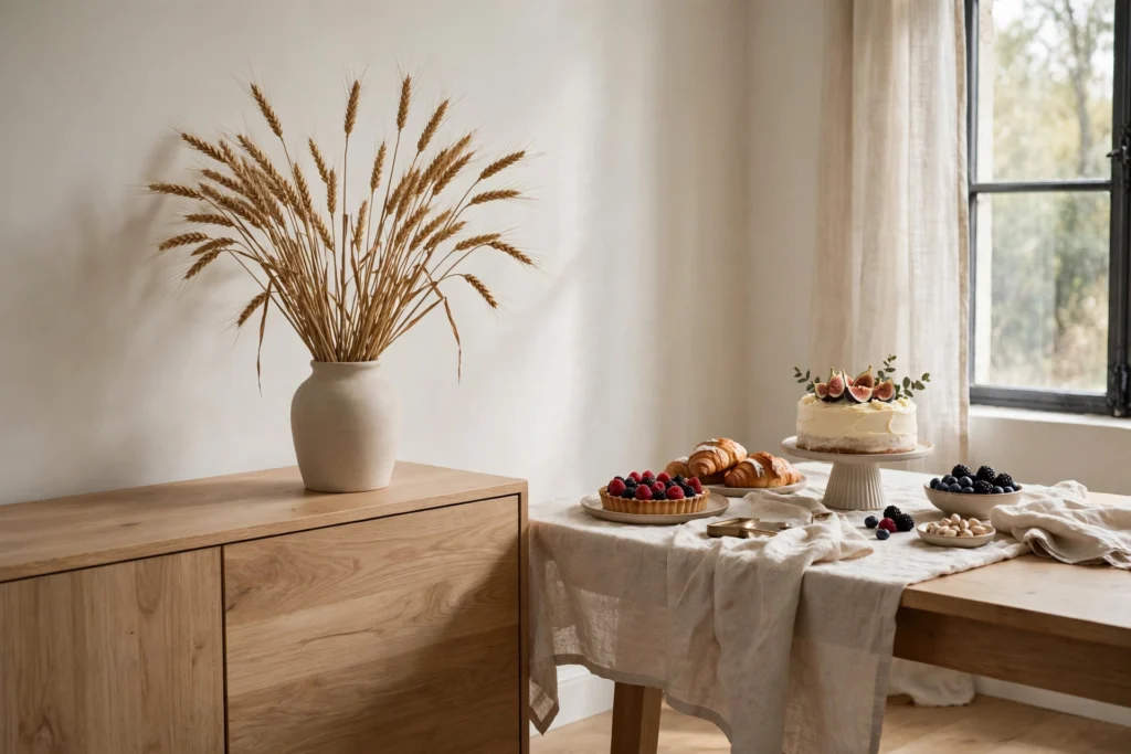 Dried wheat stalks in a ceramic vase beside a dining room dessert table.