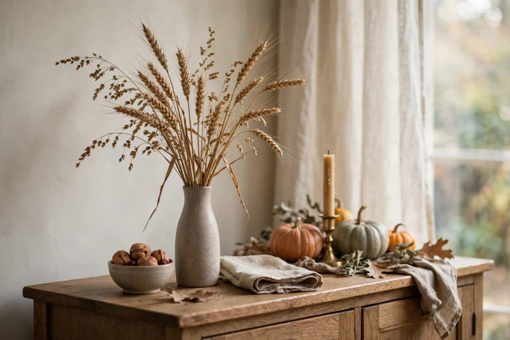 Cornucopia Decor Ideas for a Traditional Thanksgiving Table 10 Dried wheat stalk bundle in a stoneware vase on a Thanksgiving dining sideboard
