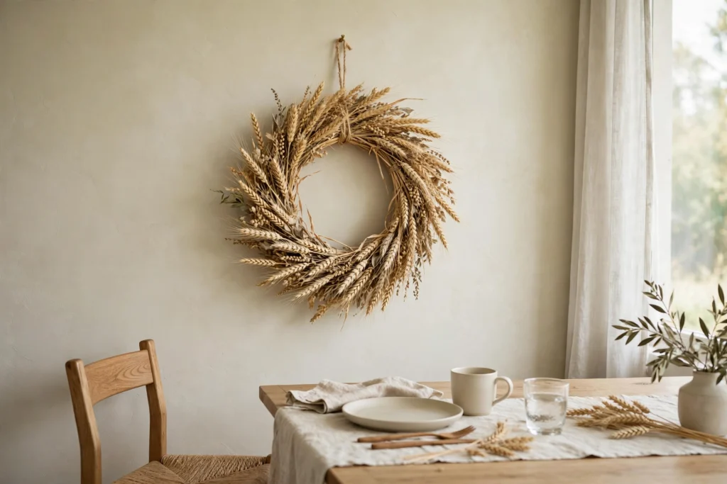 Modern Minimalist Thanksgiving Decor for a Chic Clean Table 21 Dried wheat wreath hanging on a dining room wall for minimalist Thanksgiving decor.