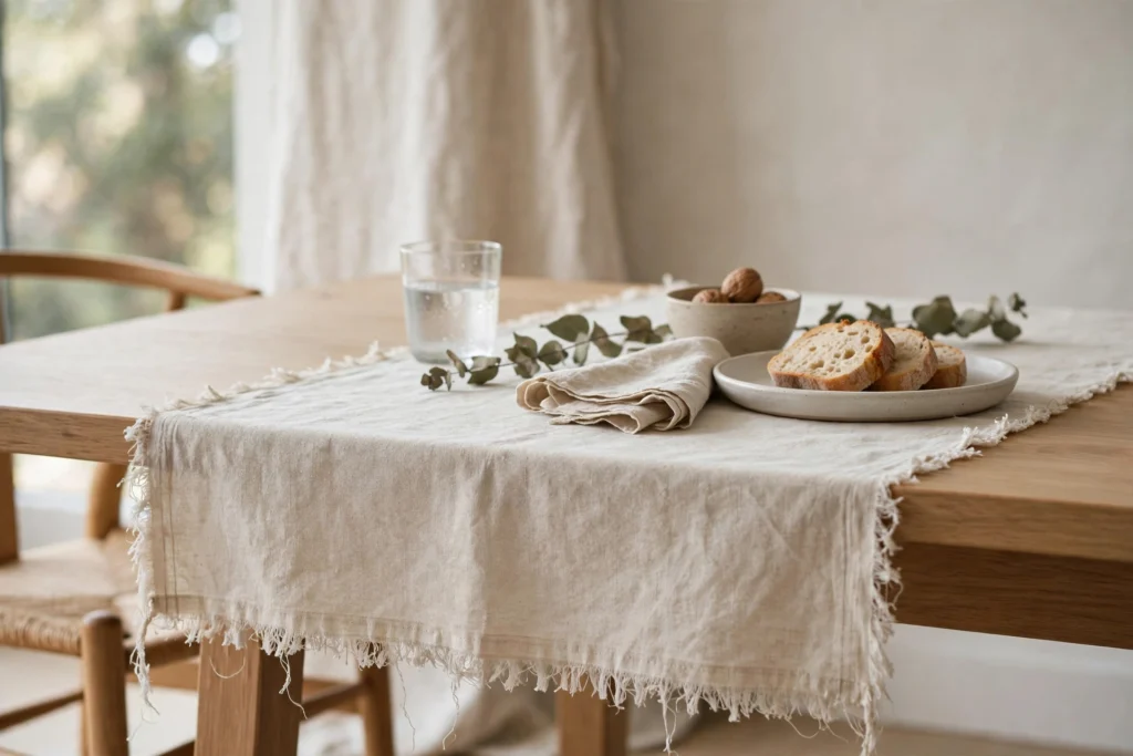 Budget Thanksgiving Tablescape Ideas That Still Look Elegant 4 Affordable drop cloth runner with frayed edges on a dining table.