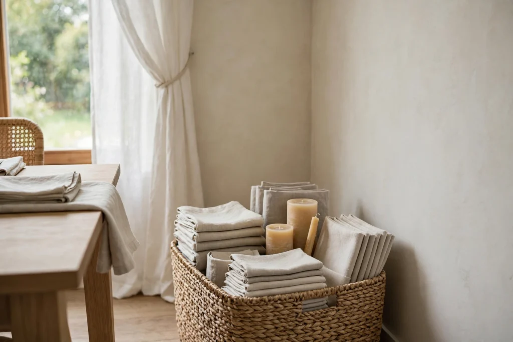 Woven storage basket holding folded linens and candles in a tidy dining corner.