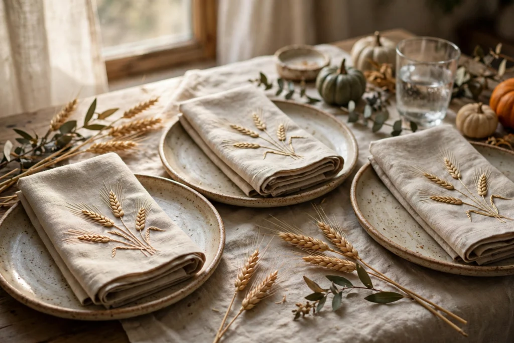 Cornucopia Decor Ideas for a Traditional Thanksgiving Table 9 Embroidered linen napkins with wheat motifs folded on cream Thanksgiving dinner plates