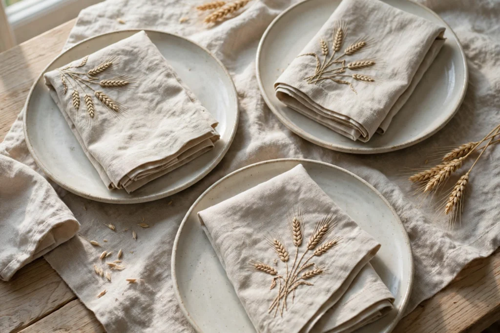 Turkey Day Decor Ideas for a Cozy Festive Home 12 Embroidered linen napkins with wheat motifs folded neatly on styled dinner plates.