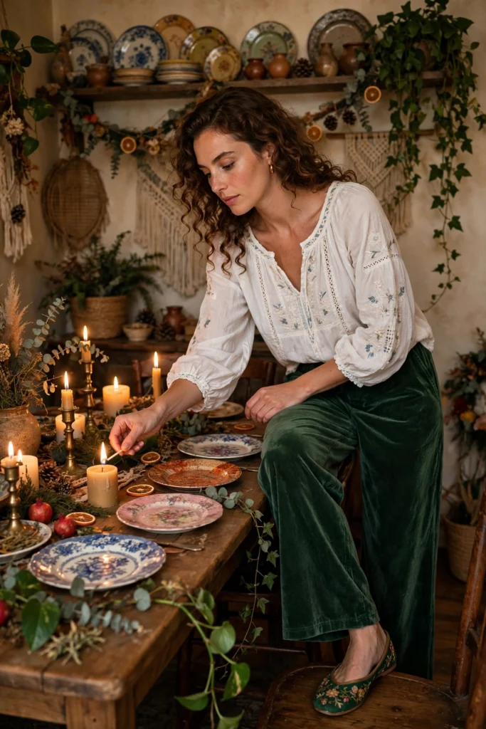 Turkey Day Outfit Ideas for a Festive Casual Look 18 Woman lighting candles in an embroidered blouse and velvet pants at dinner.