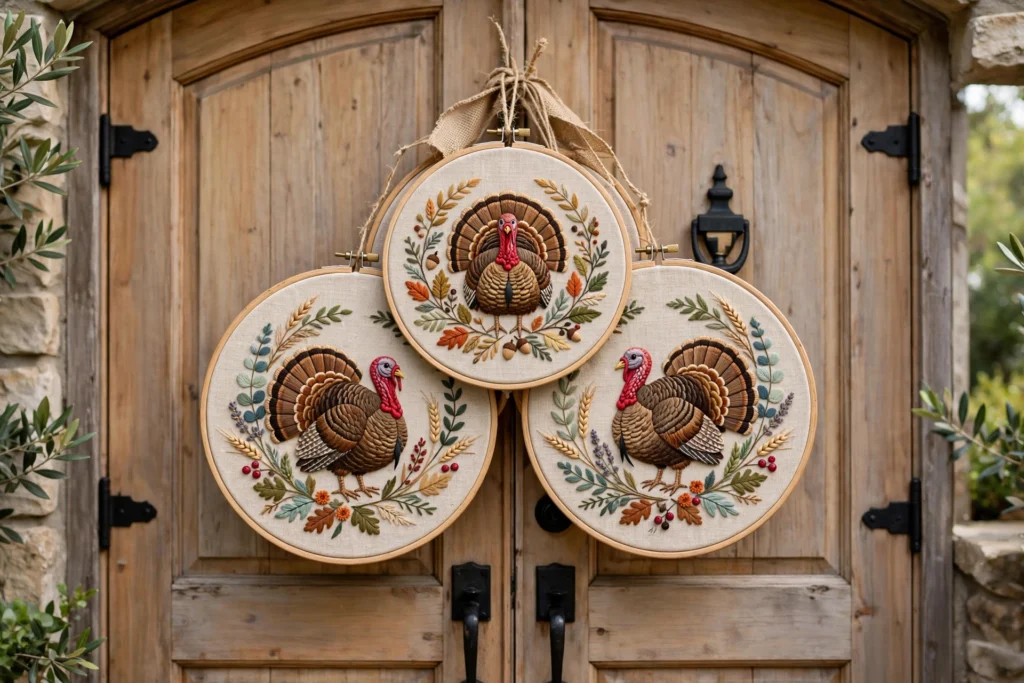 Embroidery hoop turkey wreath trio stitched hoops clustered on double front doors.
