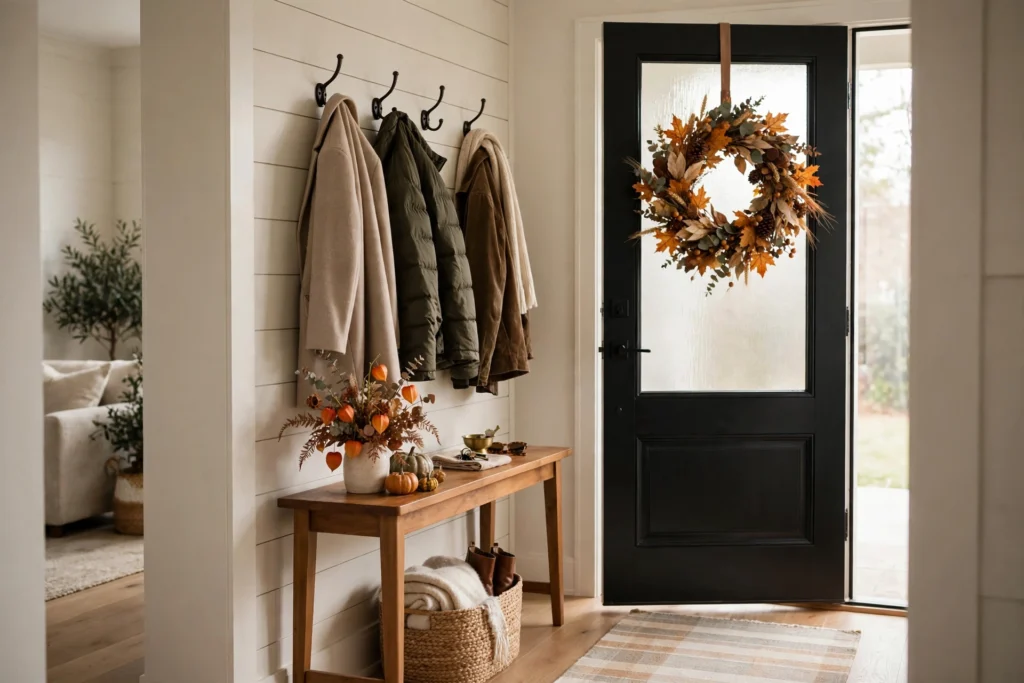 Thanksgiving entryway with a fall wreath on the door, tidy console, and warm daylight.