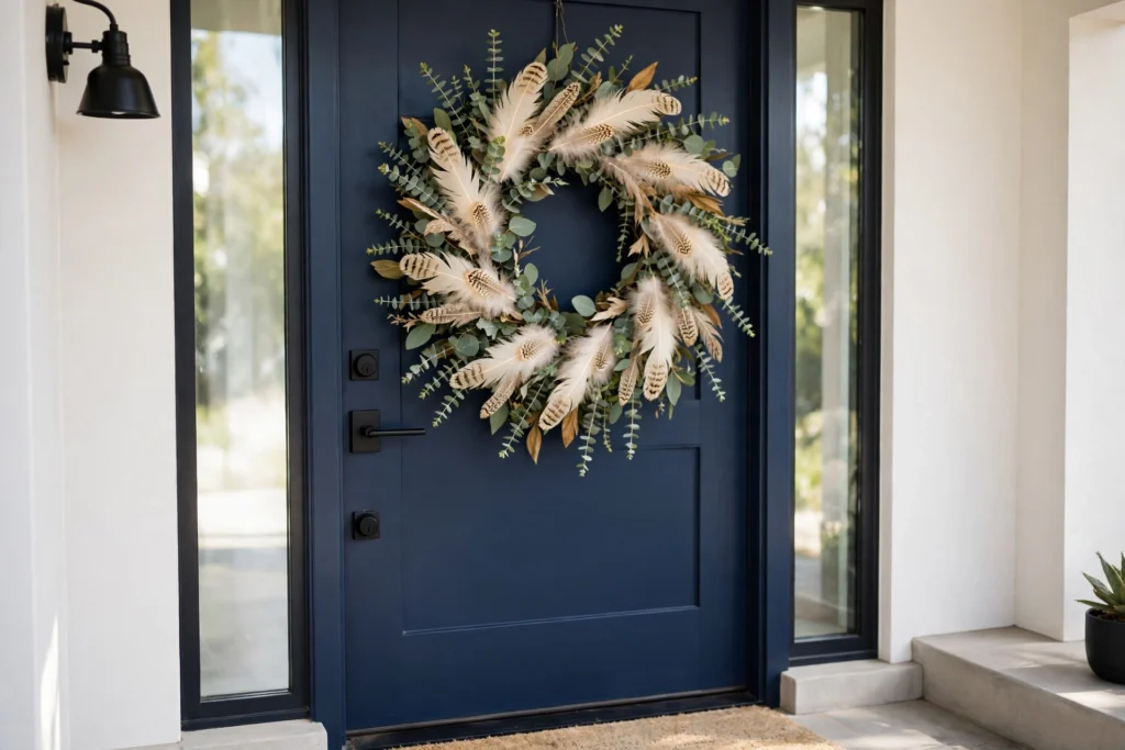Eucalyptus and cream feather turkey wreath on navy front door with modern styling.