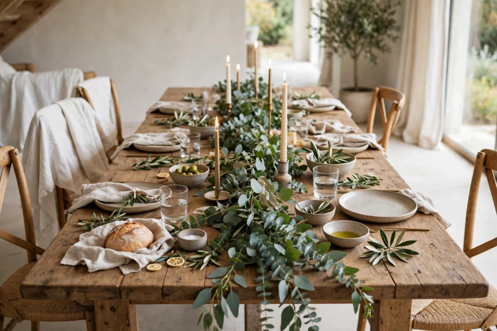 Friendsgiving Decor Ideas for a Fun Festive Party 4 Eucalyptus garland trailing down a long dining table beside glowing taper candles.