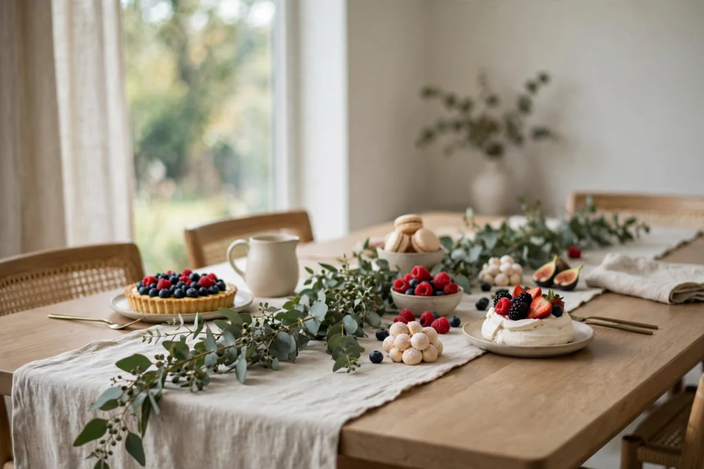 Eucalyptus garland draped along a linen runner on a styled dessert table.