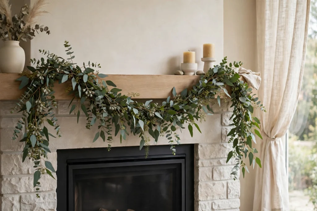 Eucalyptus garland swag draped elegantly across a cozy fireplace mantel.