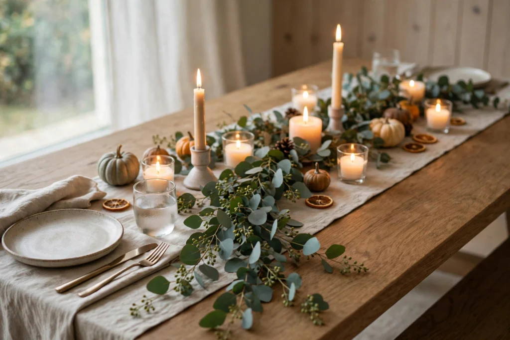 Cornucopia Decor Ideas for a Traditional Thanksgiving Table 6 Eucalyptus harvest garland trailing down a Thanksgiving dining table runner beside glowing candles