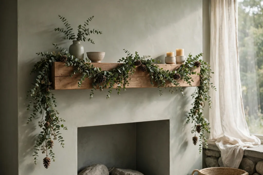 Gratitude and Thankful Themed Decor for Your Thanksgiving Home 10 Eucalyptus and pinecone garland draped along a wooden mantel edge