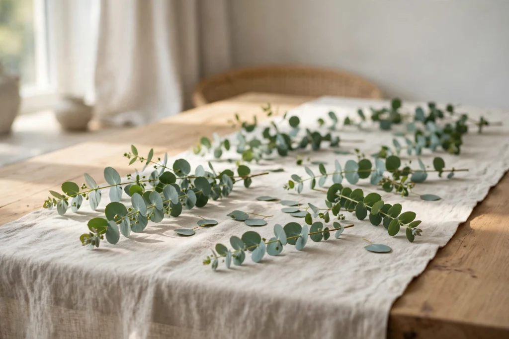 Budget Thanksgiving Tablescape Ideas That Still Look Elegant 7 Fresh eucalyptus sprigs scattered along a budget Thanksgiving table runner.