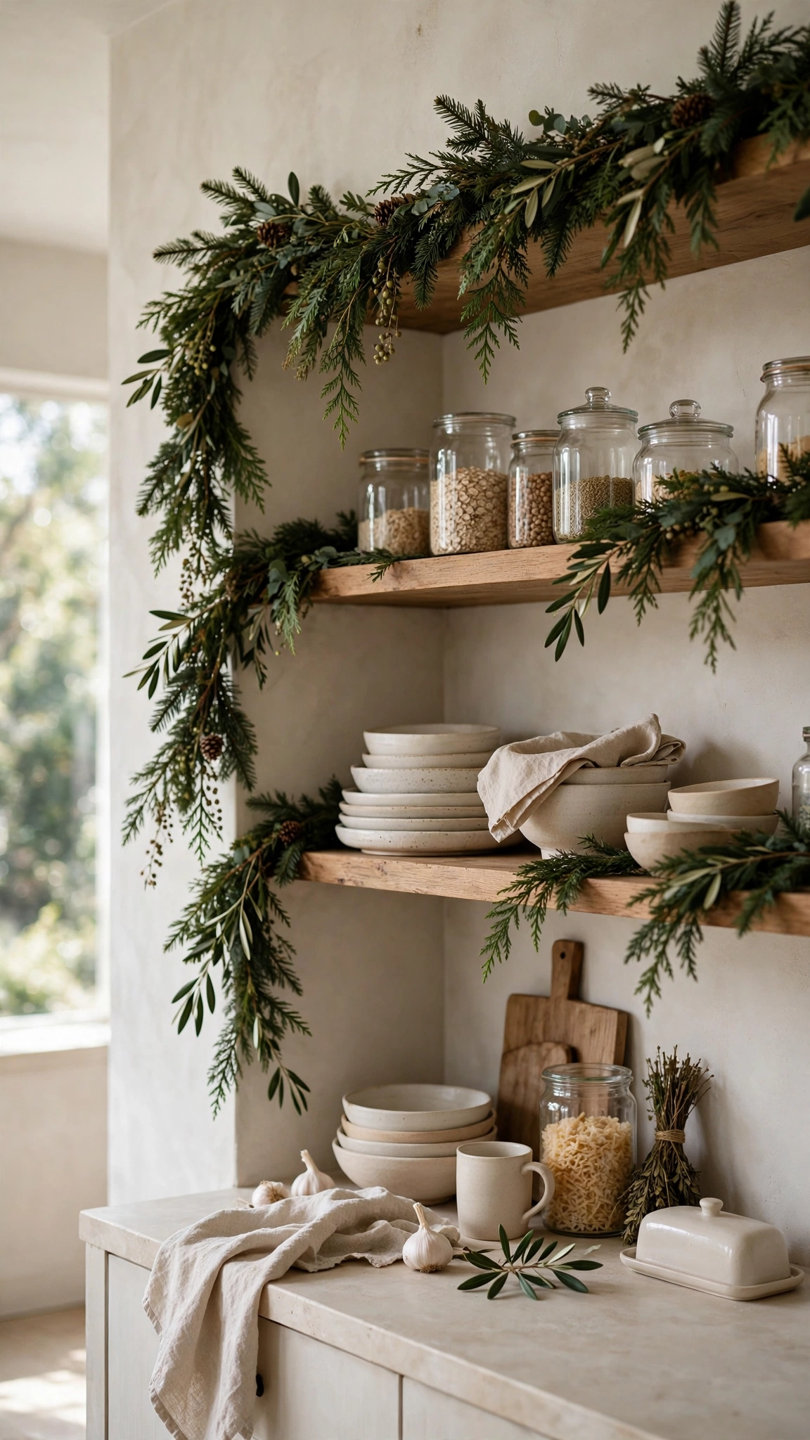 Christmas Kitchen Decor Ideas for a Festive Cozy Space 3 Evergreen garland draped along open kitchen shelving with dishes, jars, and soft daylight.