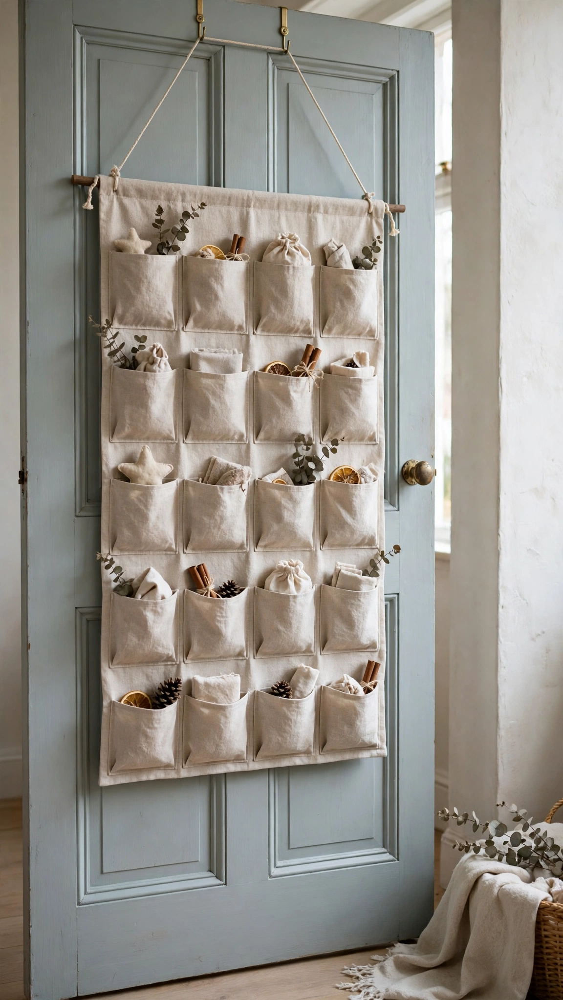 Fabric advent calendar with pockets hanging on a door in a rented family home.