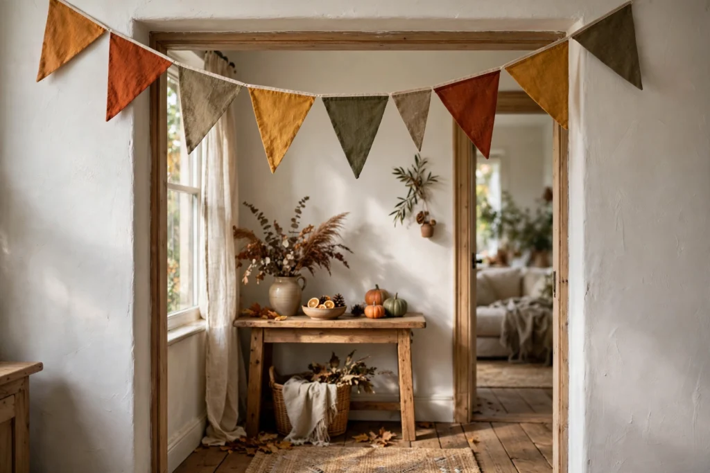 Friendsgiving Decor Ideas for a Fun Festive Party 22 Fabric bunting banner in autumn colors hung across a decorated party doorway.