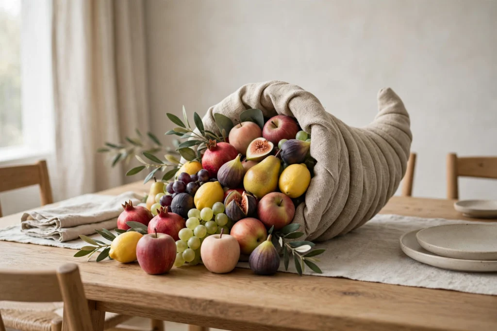 Turkey Day Decor Ideas for a Cozy Festive Home 22 Fabric cornucopia overflowing with faux fruit as a styled Thanksgiving table centerpiece.