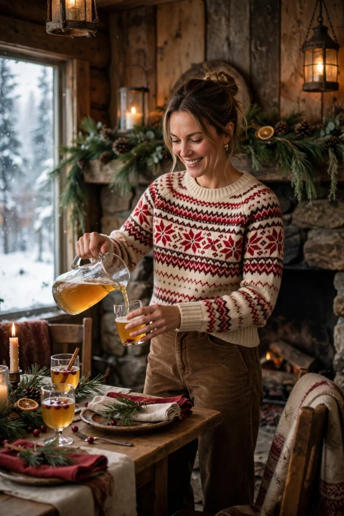 Turkey Day Outfit Ideas for a Festive Casual Look 4 Woman pouring cider in a Fair Isle sweater and corduroy trousers at dinner.