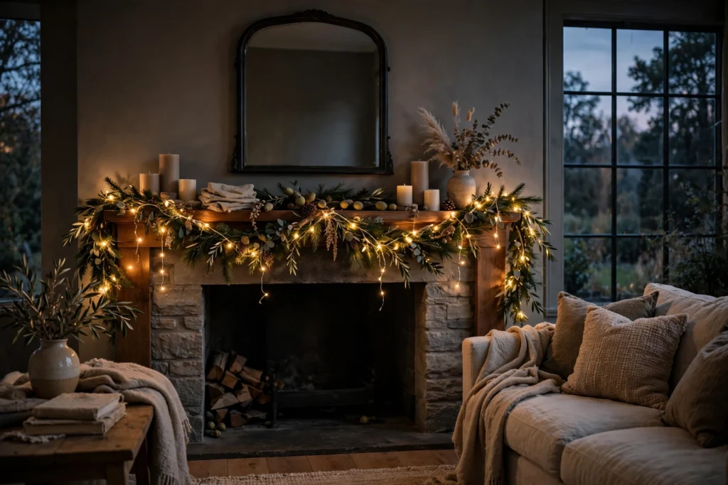 Friendsgiving Decor Ideas for a Fun Festive Party 16 Fairy string lights woven through a mantel garland glowing warmly at dusk.