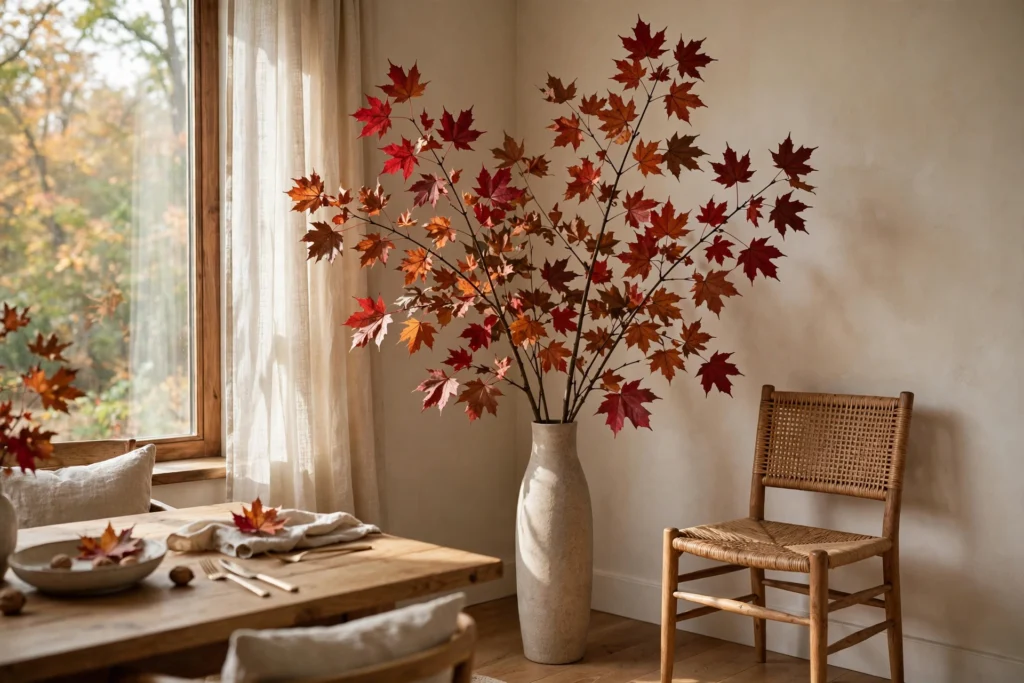 Cornucopia Decor Ideas for a Traditional Thanksgiving Table 17 Fall foliage branches in maple reds arranged in a tall dining room vase