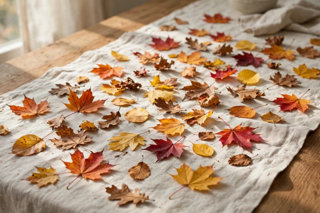 Budget Thanksgiving Tablescape Ideas That Still Look Elegant 12 Colorful fall leaves scattered as free confetti on a table runner.
