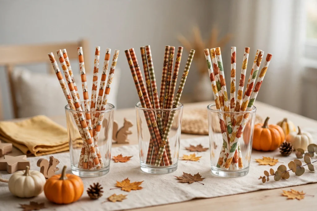 Fall-pattern paper straws standing in pumpkin tumblers on a children's Thanksgiving table