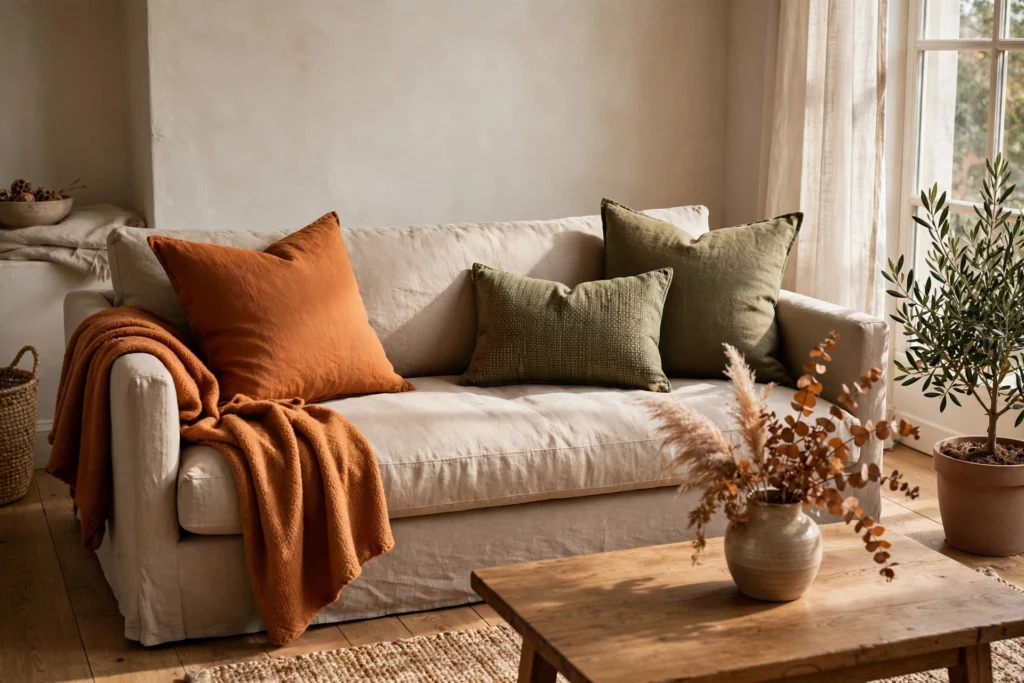 Friendsgiving Decor Ideas for a Fun Festive Party 17 Sofa styled with fall-toned throw pillow covers in orange and olive shades.