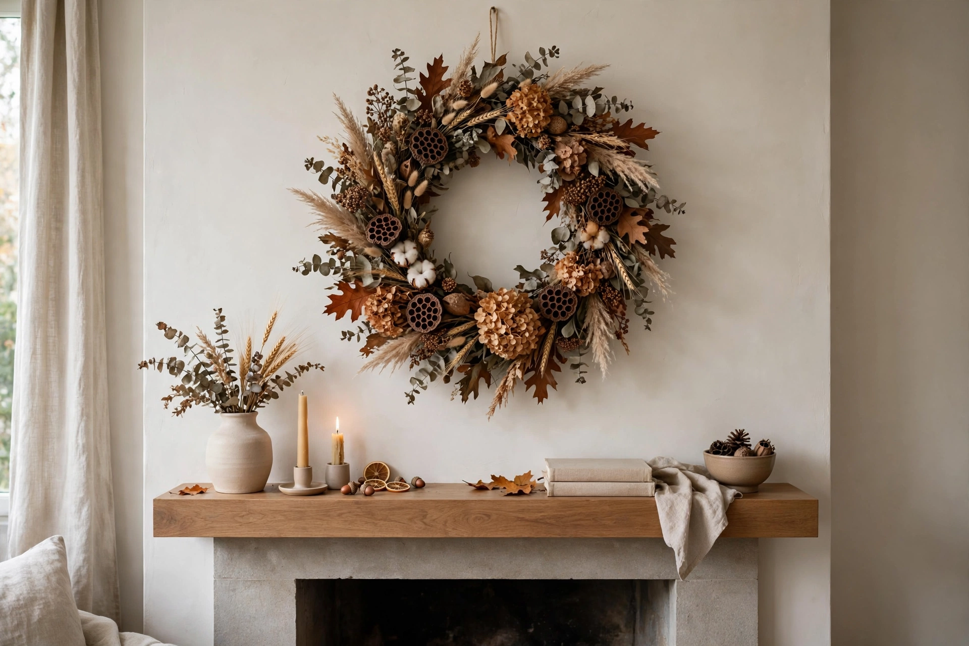 Fall wreath with dried florals hanging above a decorated mantel.