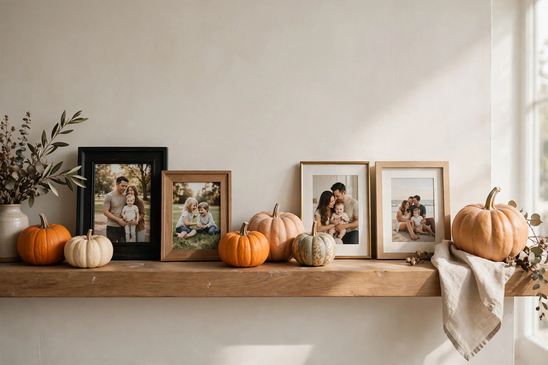 Family photos in frames displayed among pumpkins on a mantel.