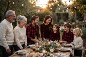 Big family in coordinated Thanksgiving outfits laughing together in a golden backyard.