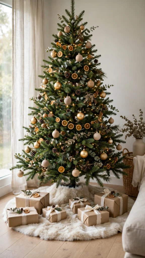 Christmas Tree Decorating Ideas for a Magical Holiday Look 6 A faux fur tree skirt spread beneath a decorated Christmas tree with wrapped gifts