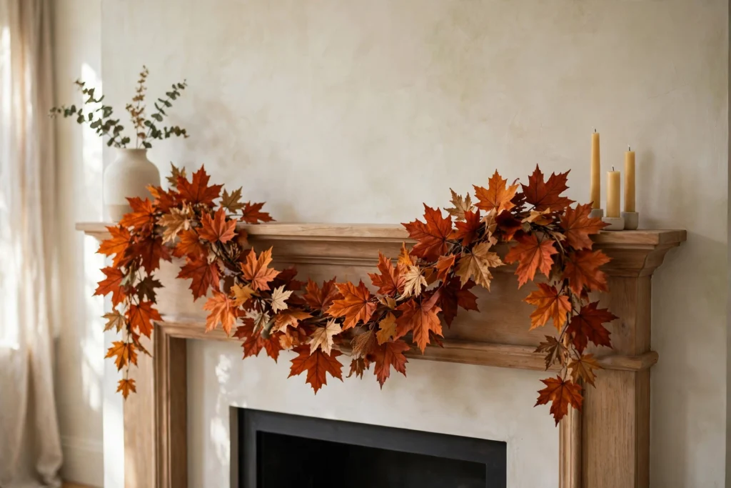 Turkey Day Decor Ideas for a Cozy Festive Home 3 Faux maple leaf garland in burnt orange draped elegantly over a mantel.