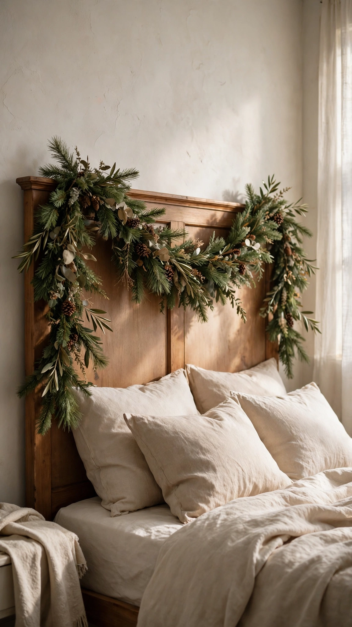 Christmas Bedroom Decor Ideas for a Cozy Festive Retreat 8 Faux pine garland draped across a bedroom headboard with soft natural light