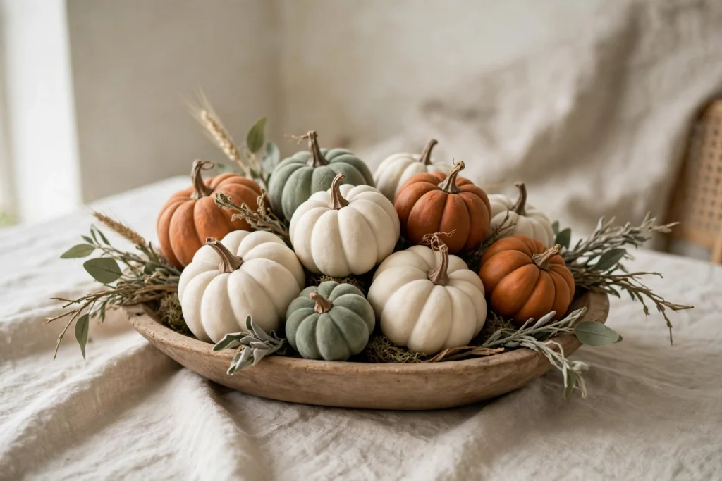 Turkey Day Decor Ideas for a Cozy Festive Home 6 Faux pumpkins in cream, sage, and rust arranged in a dough bowl.